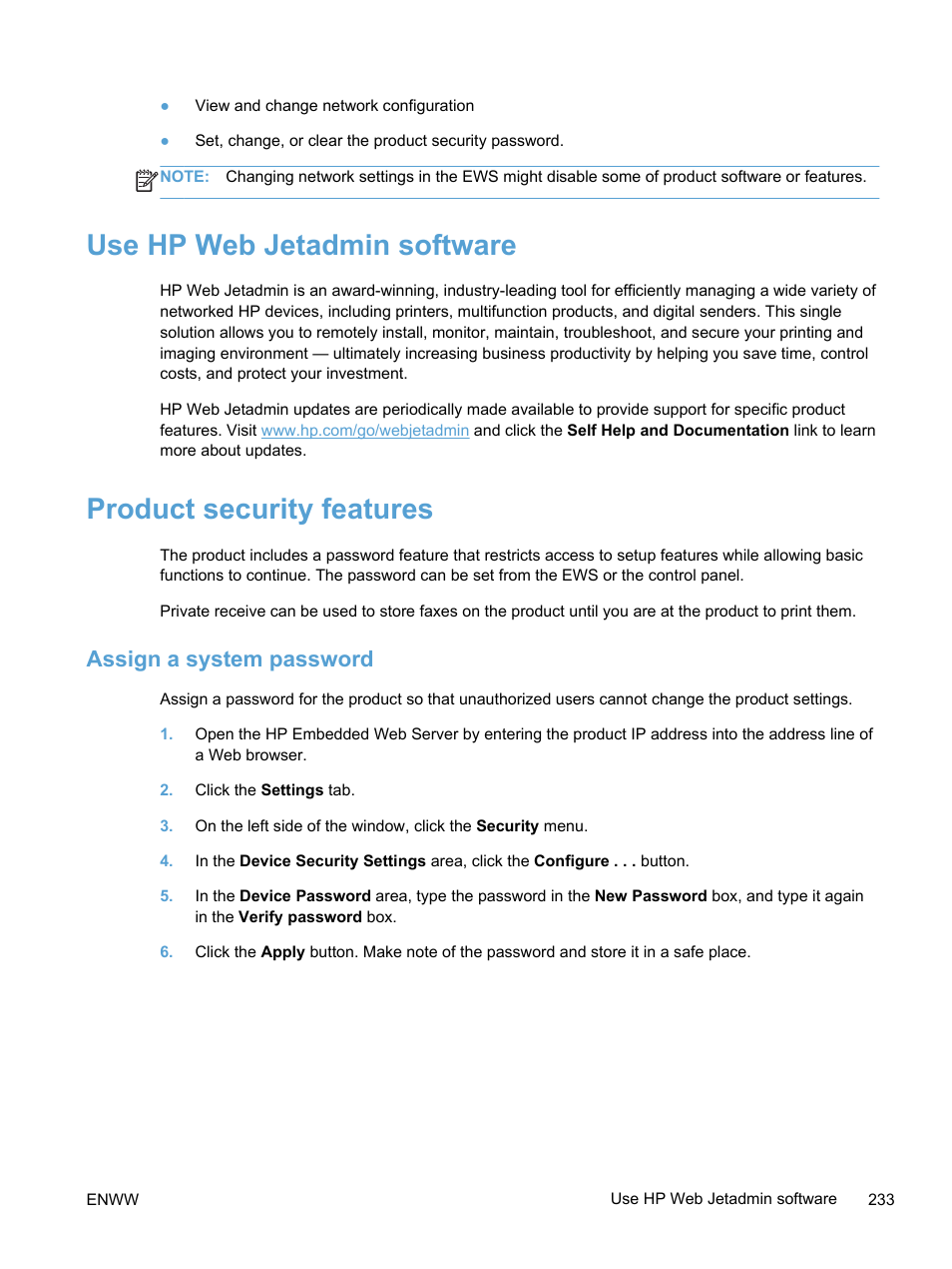 Use hp web jetadmin software, Product security features, Assign a system password | HP LaserJet Pro 300 Color MFP M375 User Manual | Page 249 / 344