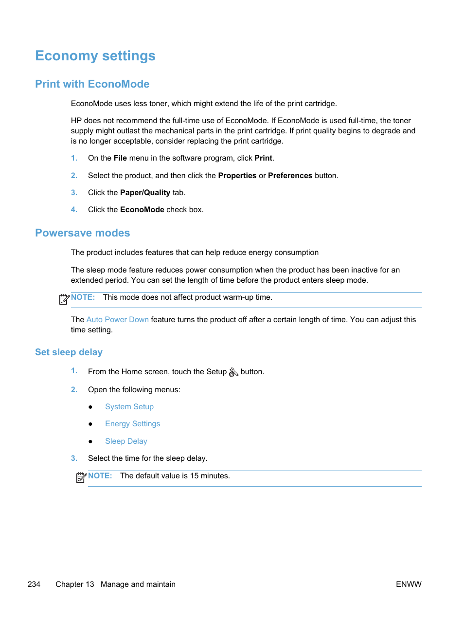 Economy settings, Print with economode, Powersave modes | Set sleep delay, Print with economode powersave modes | HP LaserJet Pro 300 Color MFP M375 User Manual | Page 250 / 344