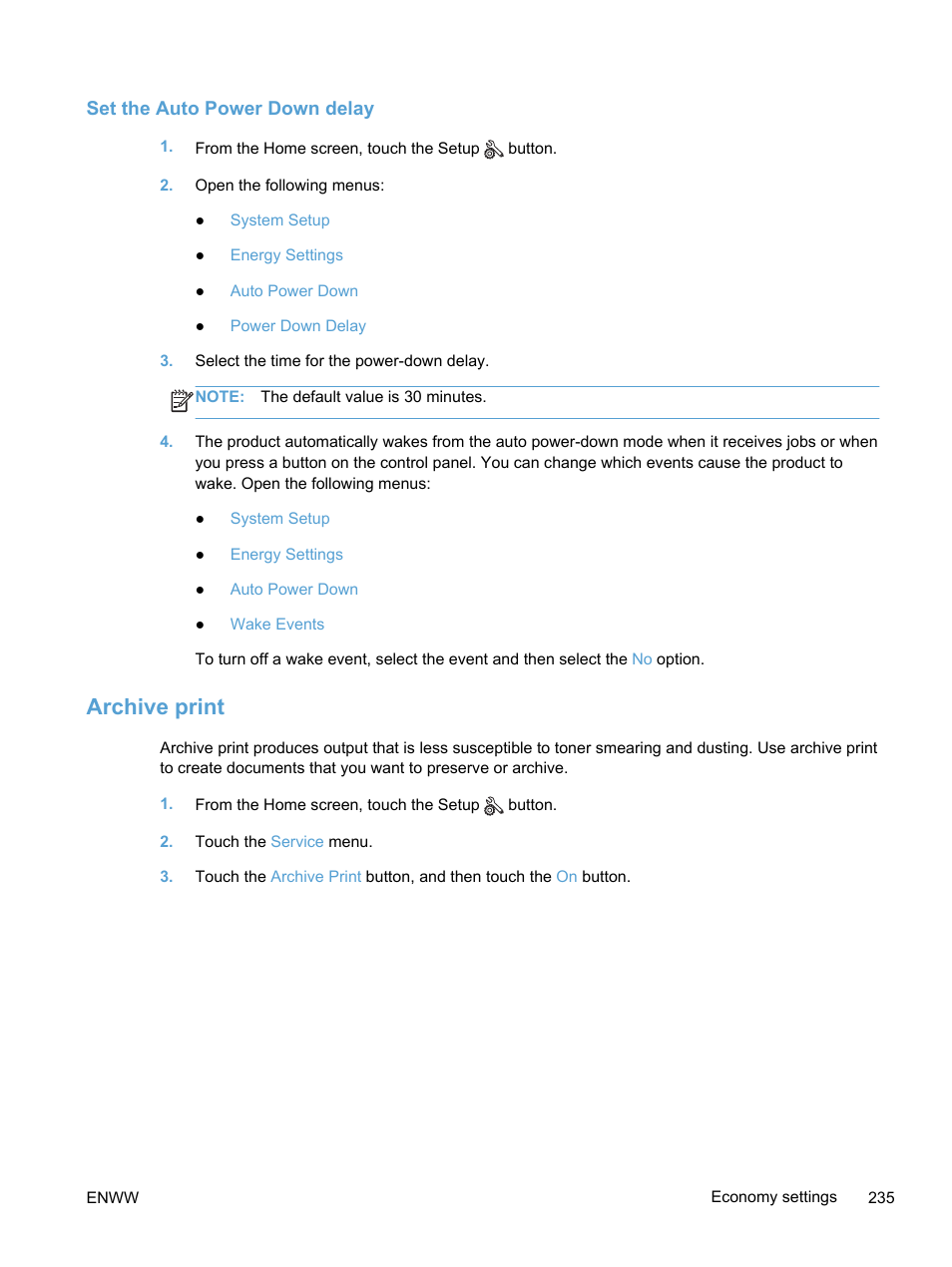 Set the auto power down delay, Archive print | HP LaserJet Pro 300 Color MFP M375 User Manual | Page 251 / 344