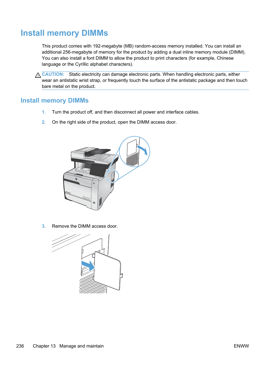 Install memory dimms | HP LaserJet Pro 300 Color MFP M375 User Manual | Page 252 / 344