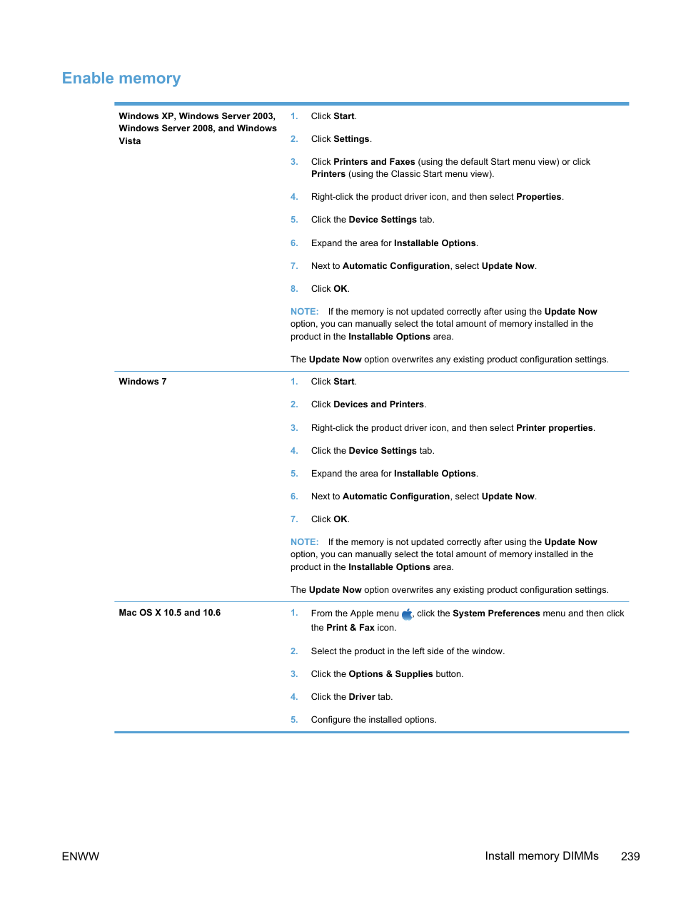 Enable memory | HP LaserJet Pro 300 Color MFP M375 User Manual | Page 255 / 344