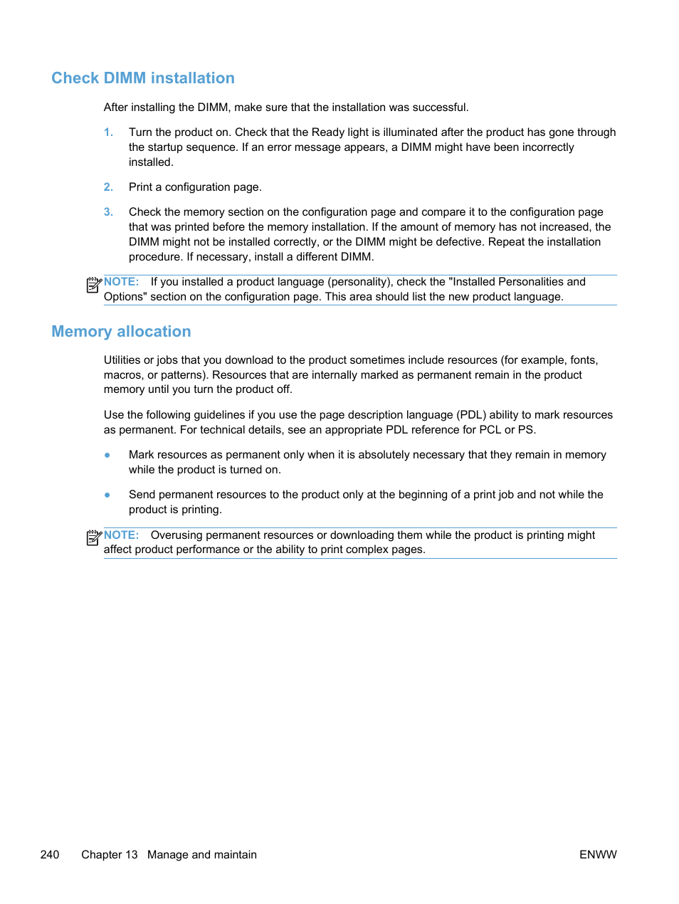 Check dimm installation, Memory allocation, Check dimm installation memory allocation | HP LaserJet Pro 300 Color MFP M375 User Manual | Page 256 / 344