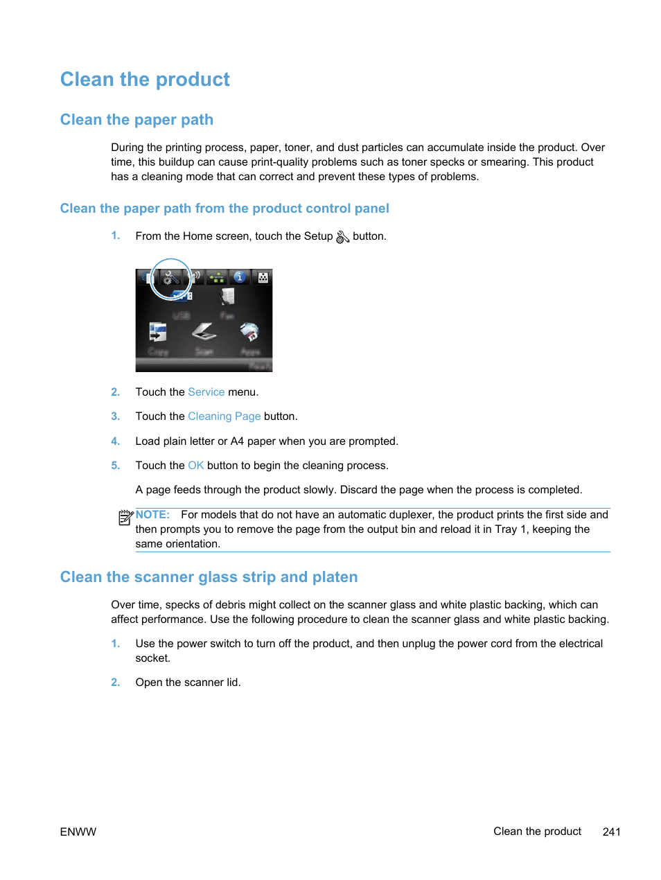 Clean the product, Clean the paper path, Clean the scanner glass strip and platen | HP LaserJet Pro 300 Color MFP M375 User Manual | Page 257 / 344