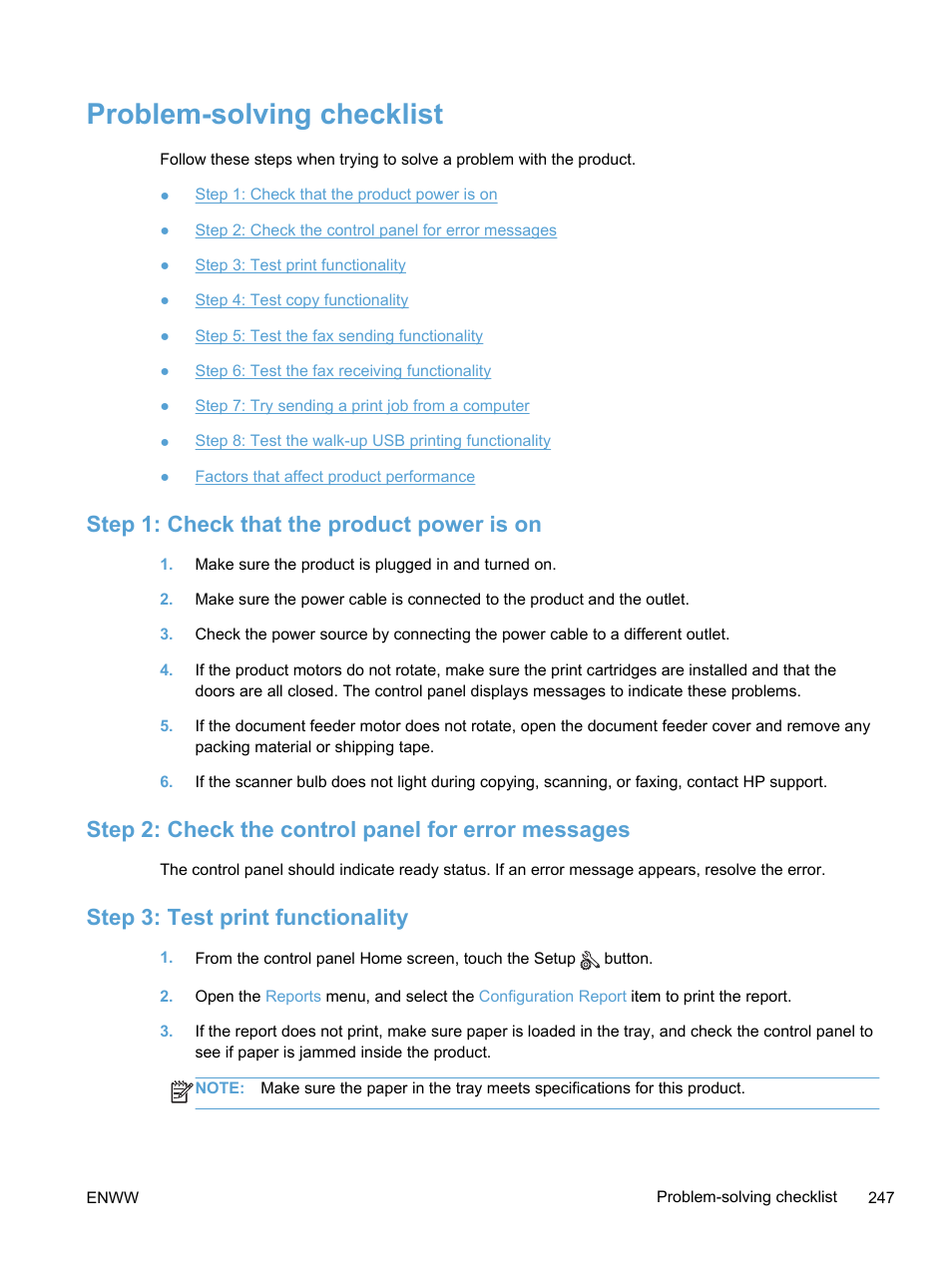 Problem-solving checklist, Step 1: check that the product power is on, Step 2: check the control panel for error messages | Step 3: test print functionality | HP LaserJet Pro 300 Color MFP M375 User Manual | Page 263 / 344