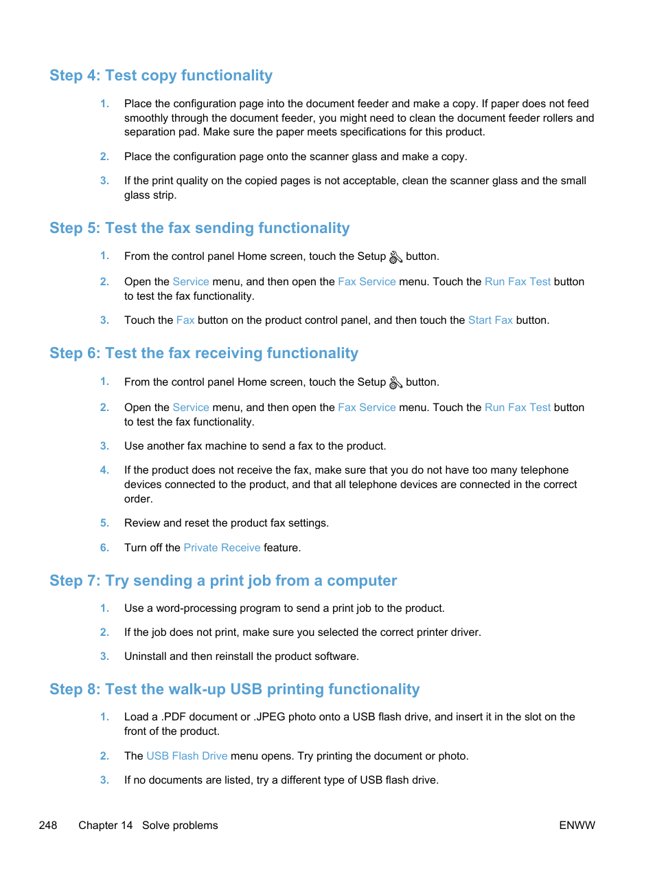 Step 4: test copy functionality, Step 5: test the fax sending functionality, Step 6: test the fax receiving functionality | Step 7: try sending a print job from a computer | HP LaserJet Pro 300 Color MFP M375 User Manual | Page 264 / 344