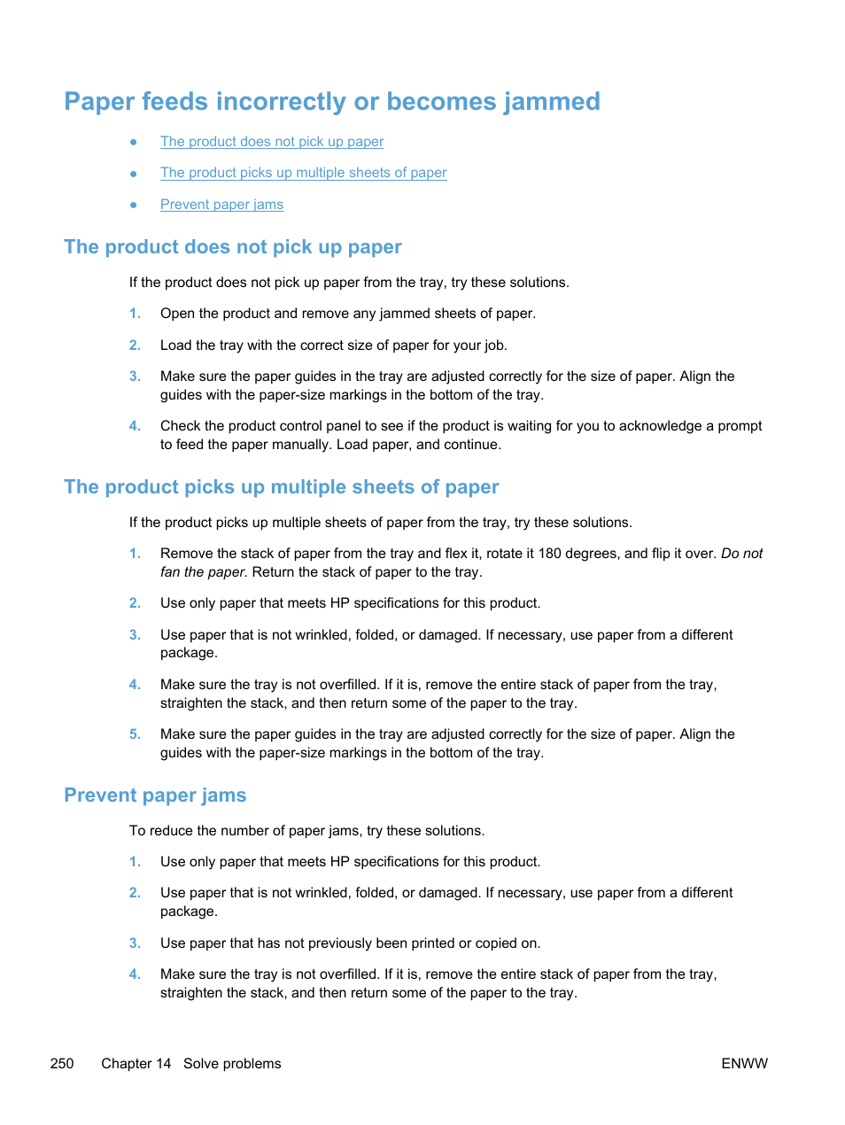 Paper feeds incorrectly or becomes jammed, The product does not pick up paper, The product picks up multiple sheets of paper | Prevent paper jams | HP LaserJet Pro 300 Color MFP M375 User Manual | Page 266 / 344