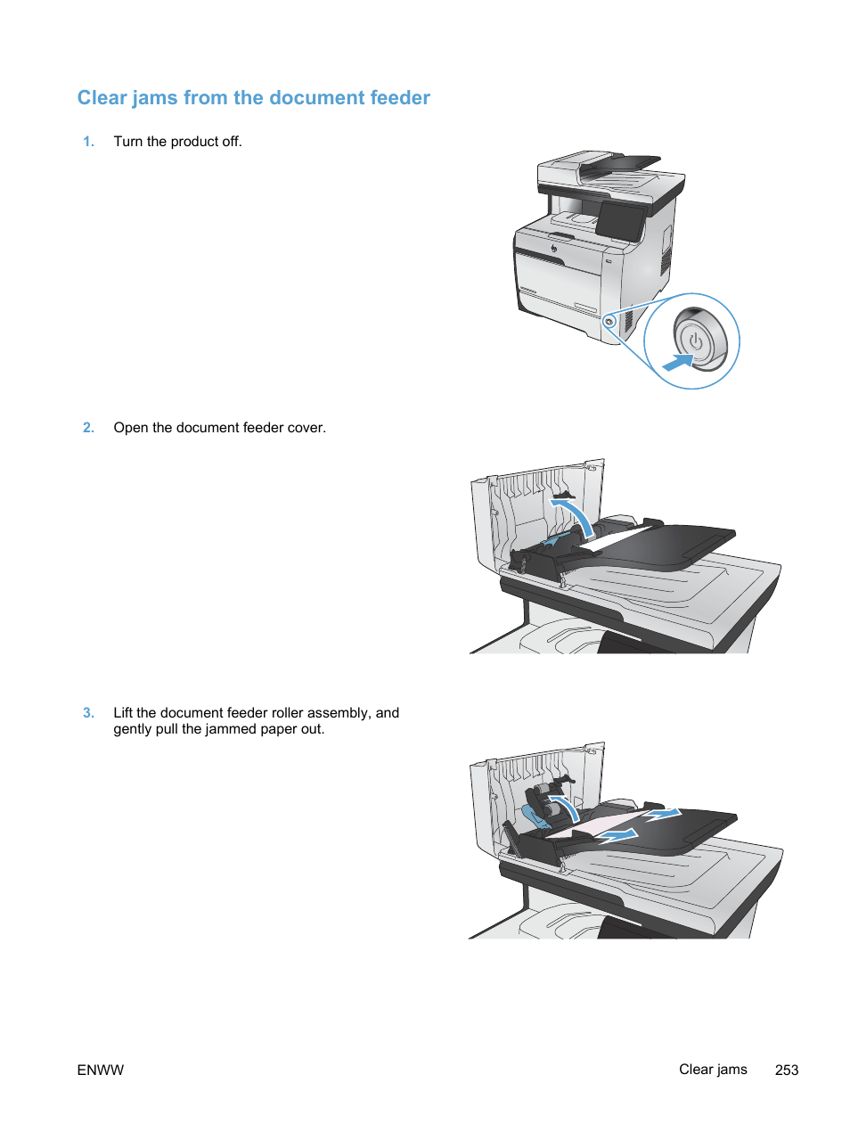 Clear jams from the document feeder | HP LaserJet Pro 300 Color MFP M375 User Manual | Page 269 / 344