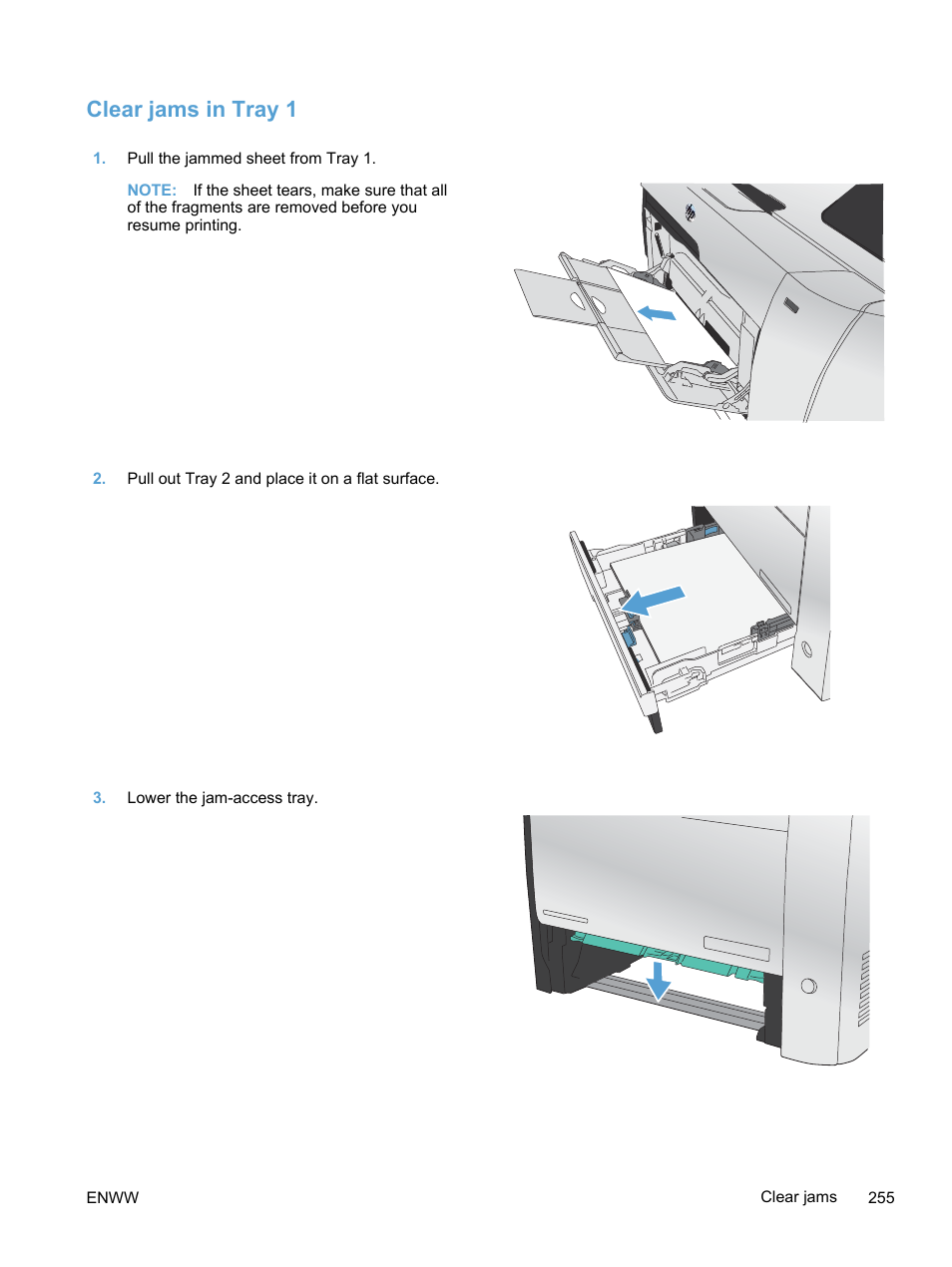 Clear jams in tray 1 | HP LaserJet Pro 300 Color MFP M375 User Manual | Page 271 / 344