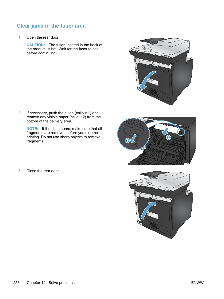 Clear jams in the fuser area | HP LaserJet Pro 300 Color MFP M375 User Manual | Page 274 / 344