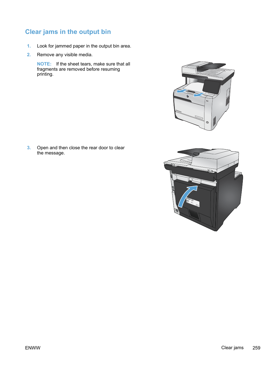 Clear jams in the output bin | HP LaserJet Pro 300 Color MFP M375 User Manual | Page 275 / 344