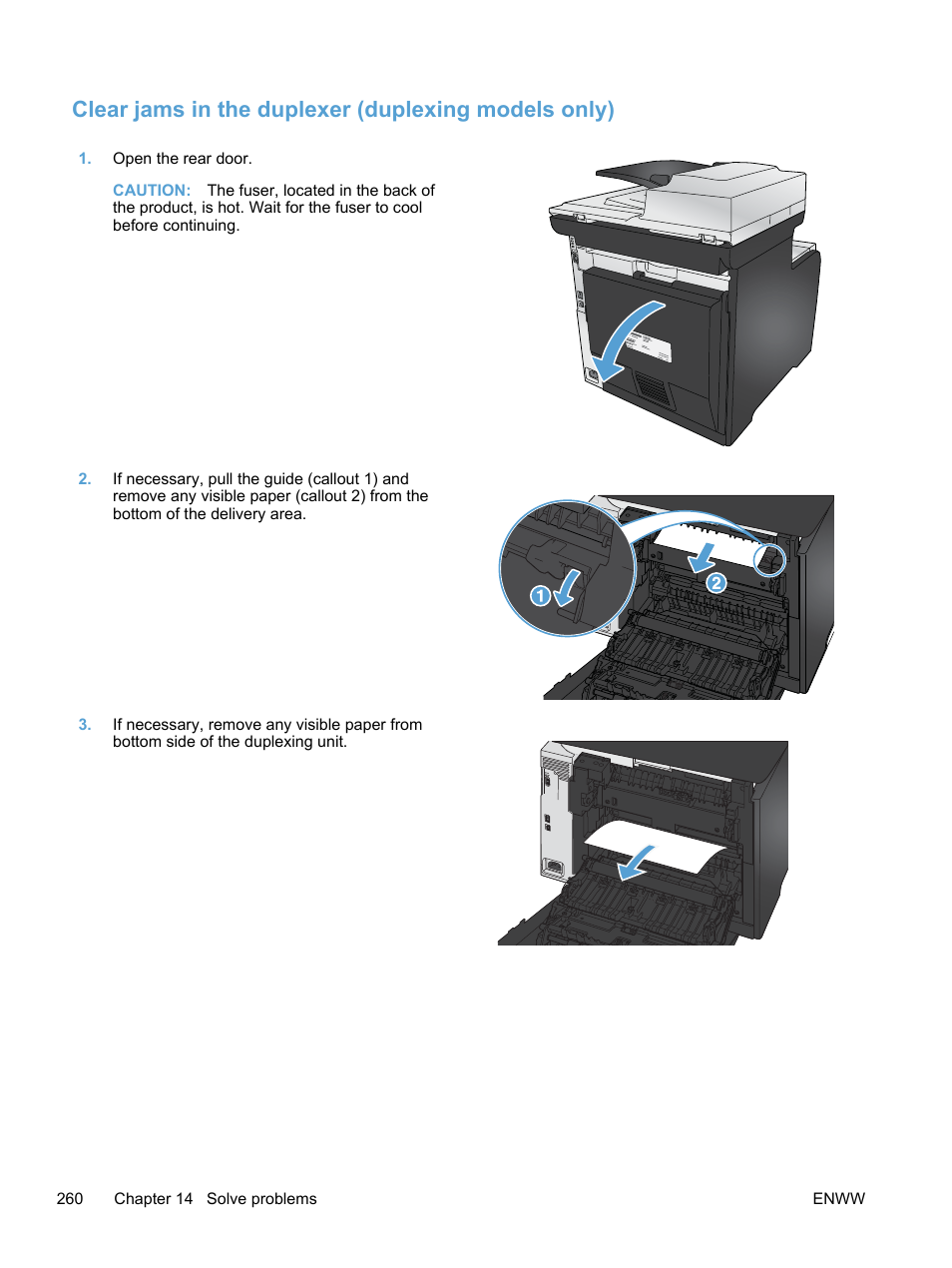 Clear jams in the duplexer (duplexing models only) | HP LaserJet Pro 300 Color MFP M375 User Manual | Page 276 / 344