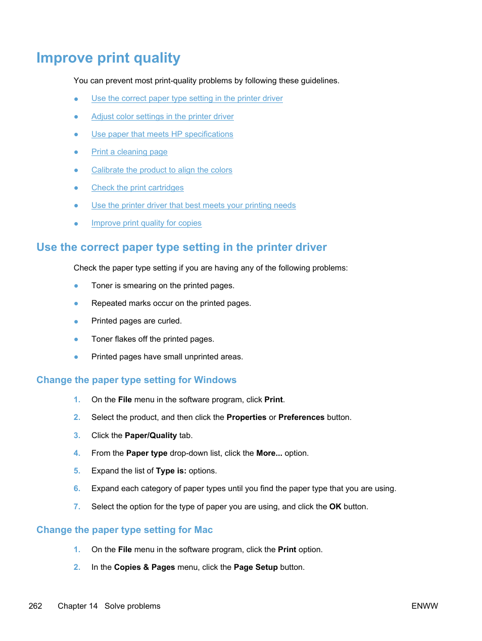 Improve print quality, Change the paper type setting for windows, Change the paper type setting for mac | HP LaserJet Pro 300 Color MFP M375 User Manual | Page 278 / 344