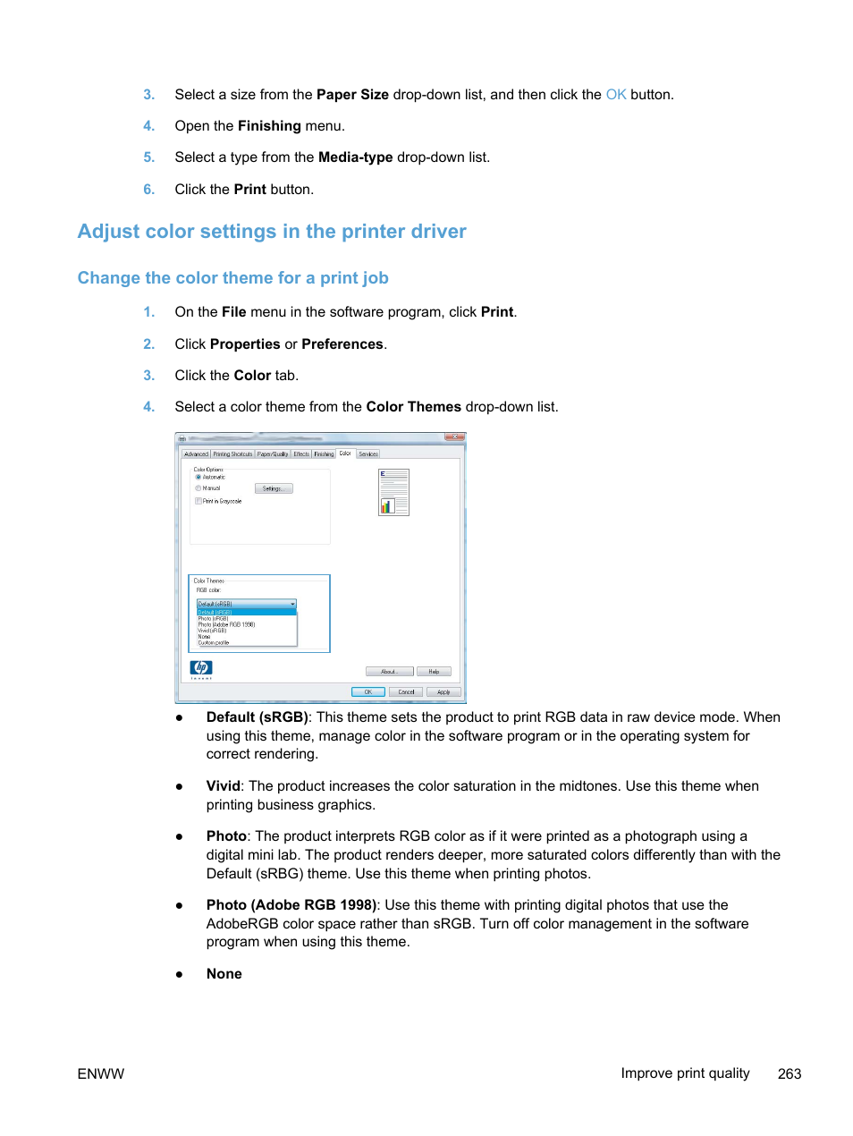 Adjust color settings in the printer driver, Change the color theme for a print job | HP LaserJet Pro 300 Color MFP M375 User Manual | Page 279 / 344