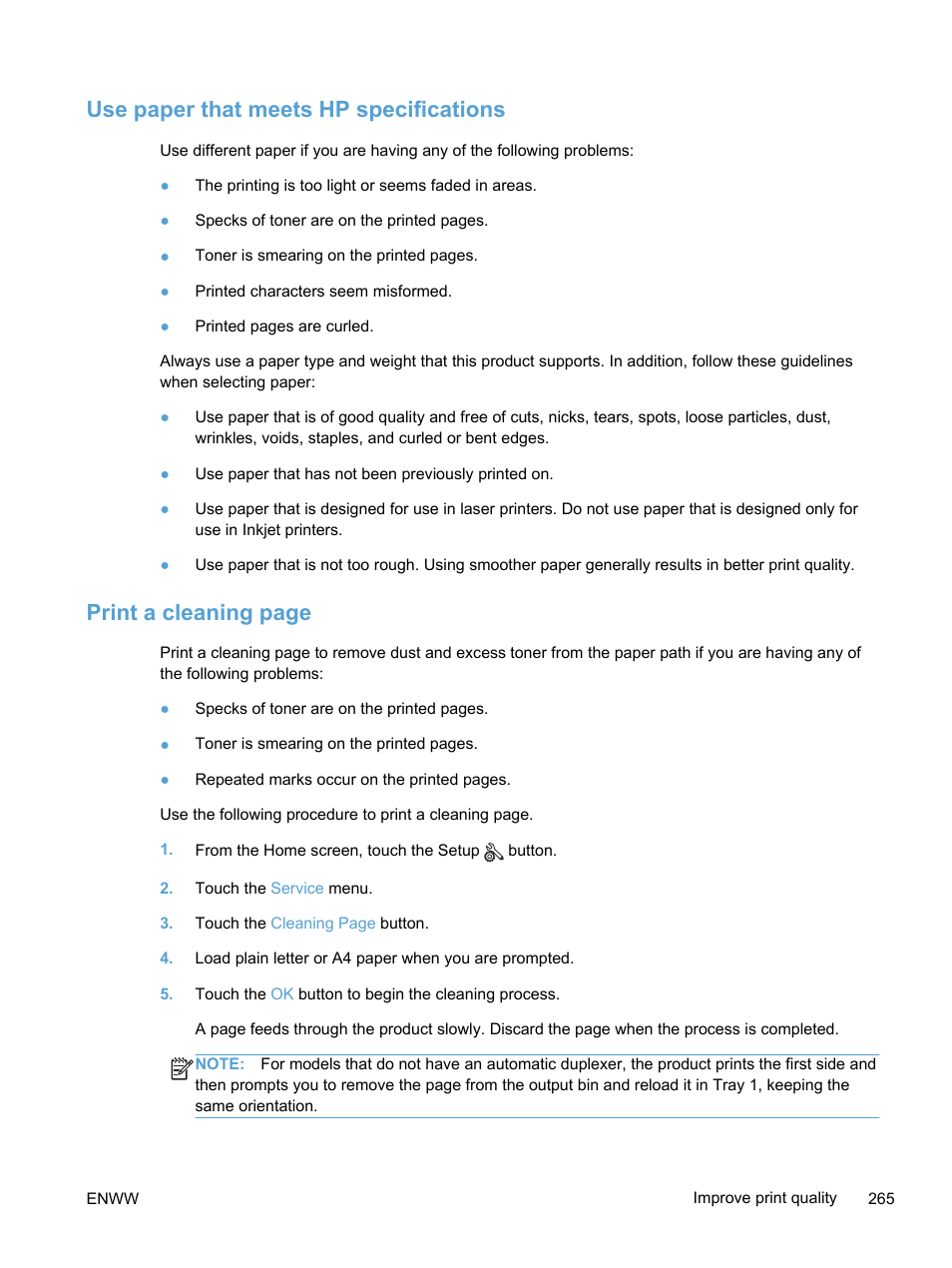 Use paper that meets hp specifications, Print a cleaning page | HP LaserJet Pro 300 Color MFP M375 User Manual | Page 281 / 344