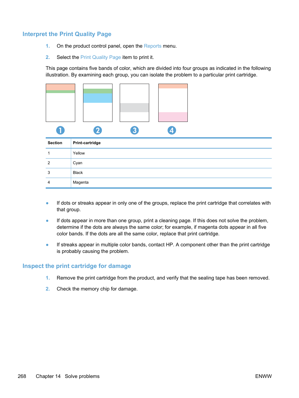 Inspect the print cartridge for damage, Interpret the print quality page | HP LaserJet Pro 300 Color MFP M375 User Manual | Page 284 / 344