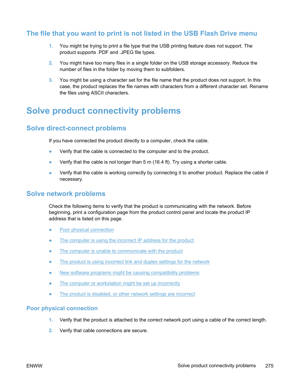 Solve product connectivity problems, Solve direct-connect problems, Solve network problems | Poor physical connection | HP LaserJet Pro 300 Color MFP M375 User Manual | Page 291 / 344