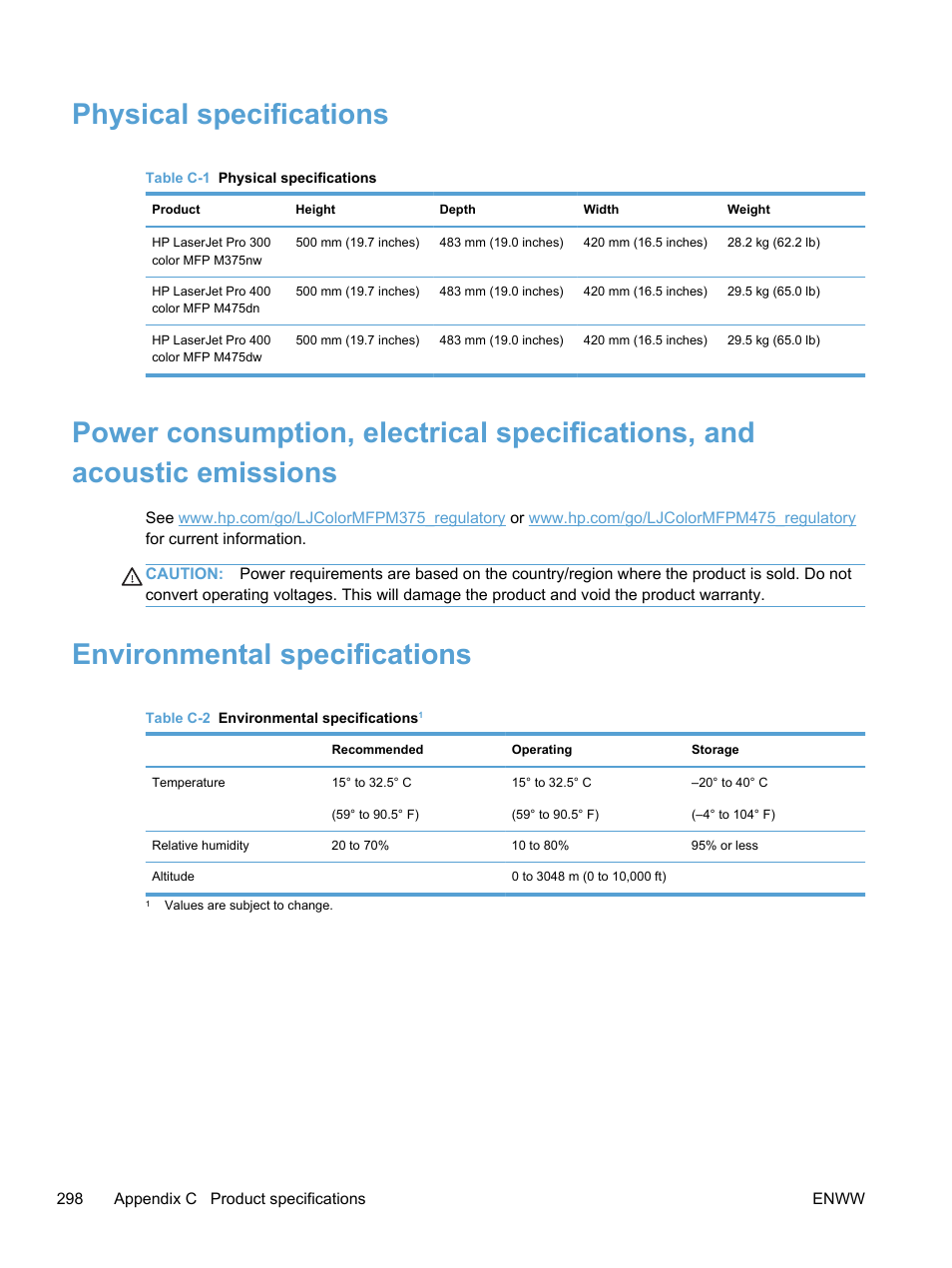 Physical specifications, Environmental specifications | HP LaserJet Pro 300 Color MFP M375 User Manual | Page 314 / 344