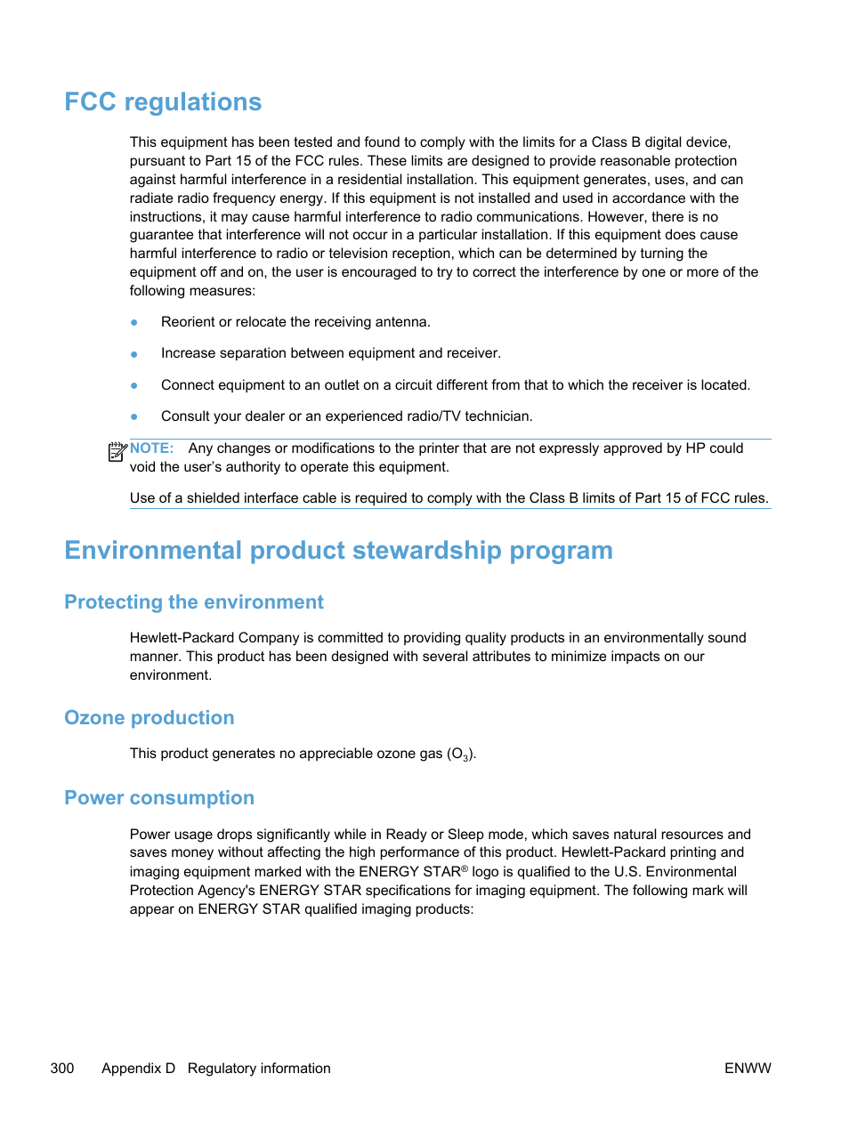 Fcc regulations, Environmental product stewardship program, Protecting the environment | Ozone production, Power consumption | HP LaserJet Pro 300 Color MFP M375 User Manual | Page 316 / 344