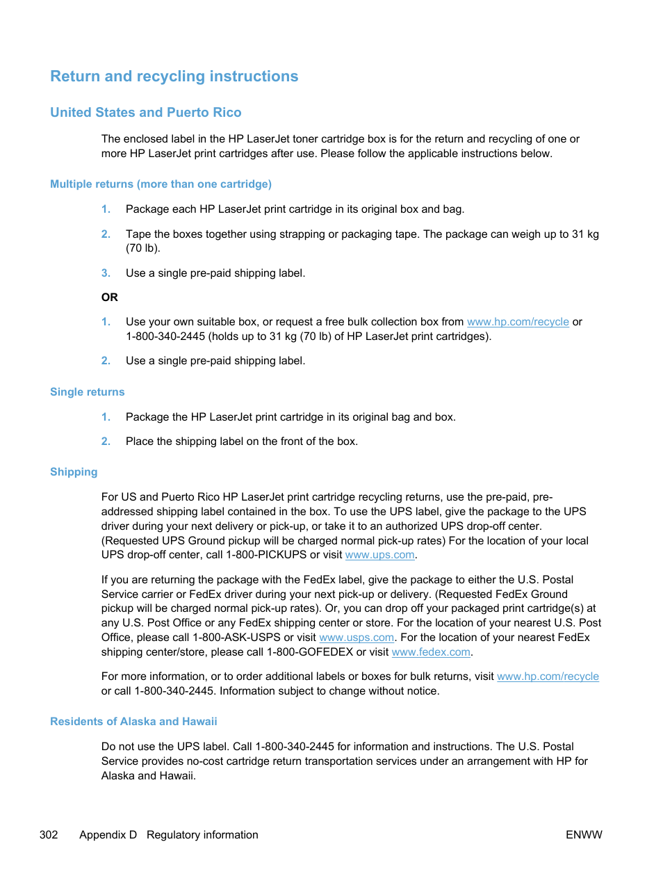 Return and recycling instructions, United states and puerto rico, Multiple returns (more than one cartridge) | Single returns, Shipping, Residents of alaska and hawaii | HP LaserJet Pro 300 Color MFP M375 User Manual | Page 318 / 344