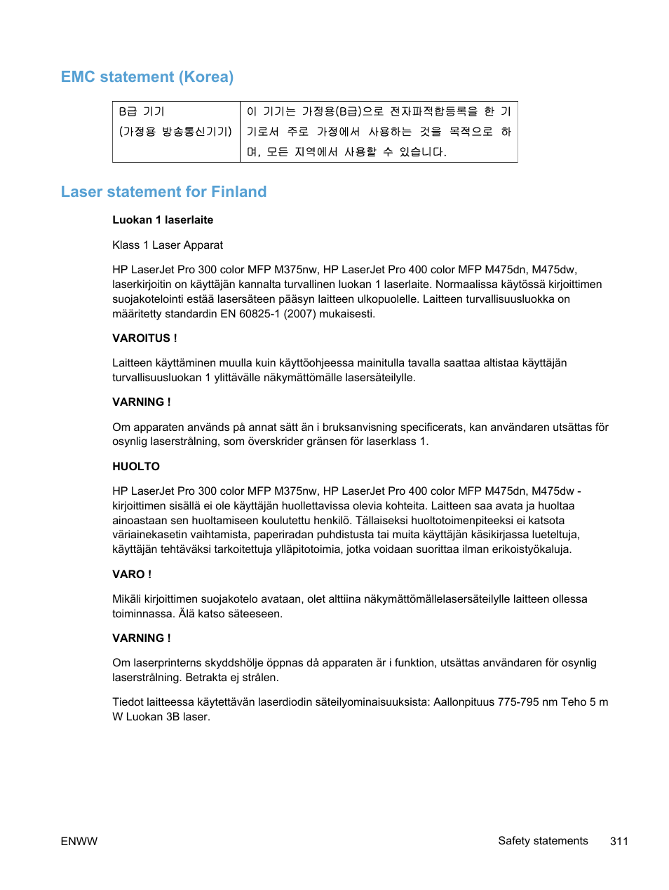 Emc statement (korea), Laser statement for finland, Emc statement (korea) laser statement for finland | HP LaserJet Pro 300 Color MFP M375 User Manual | Page 327 / 344