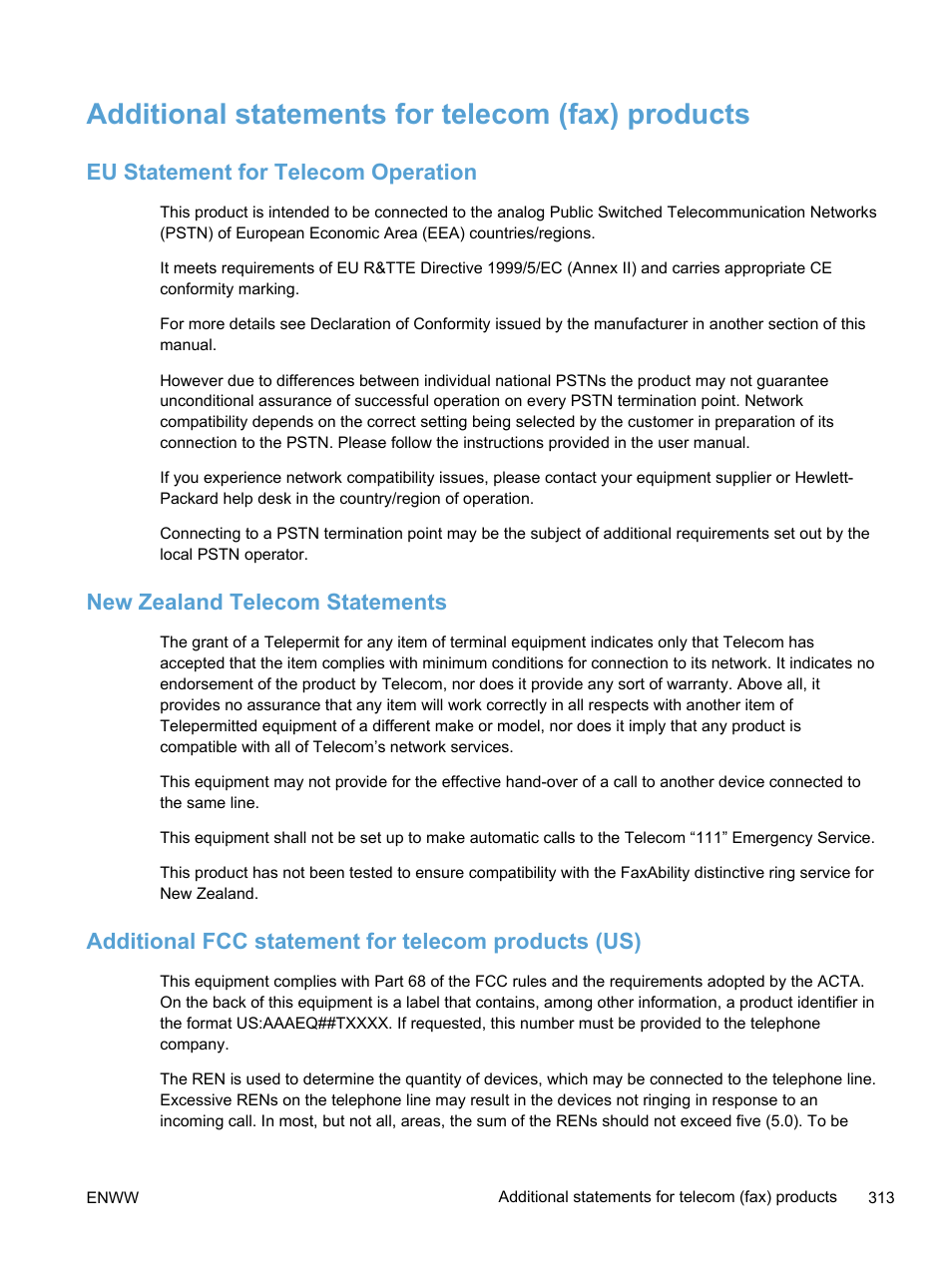 Additional statements for telecom (fax) products, Eu statement for telecom operation, New zealand telecom statements | Additional fcc statement for telecom products (us) | HP LaserJet Pro 300 Color MFP M375 User Manual | Page 329 / 344