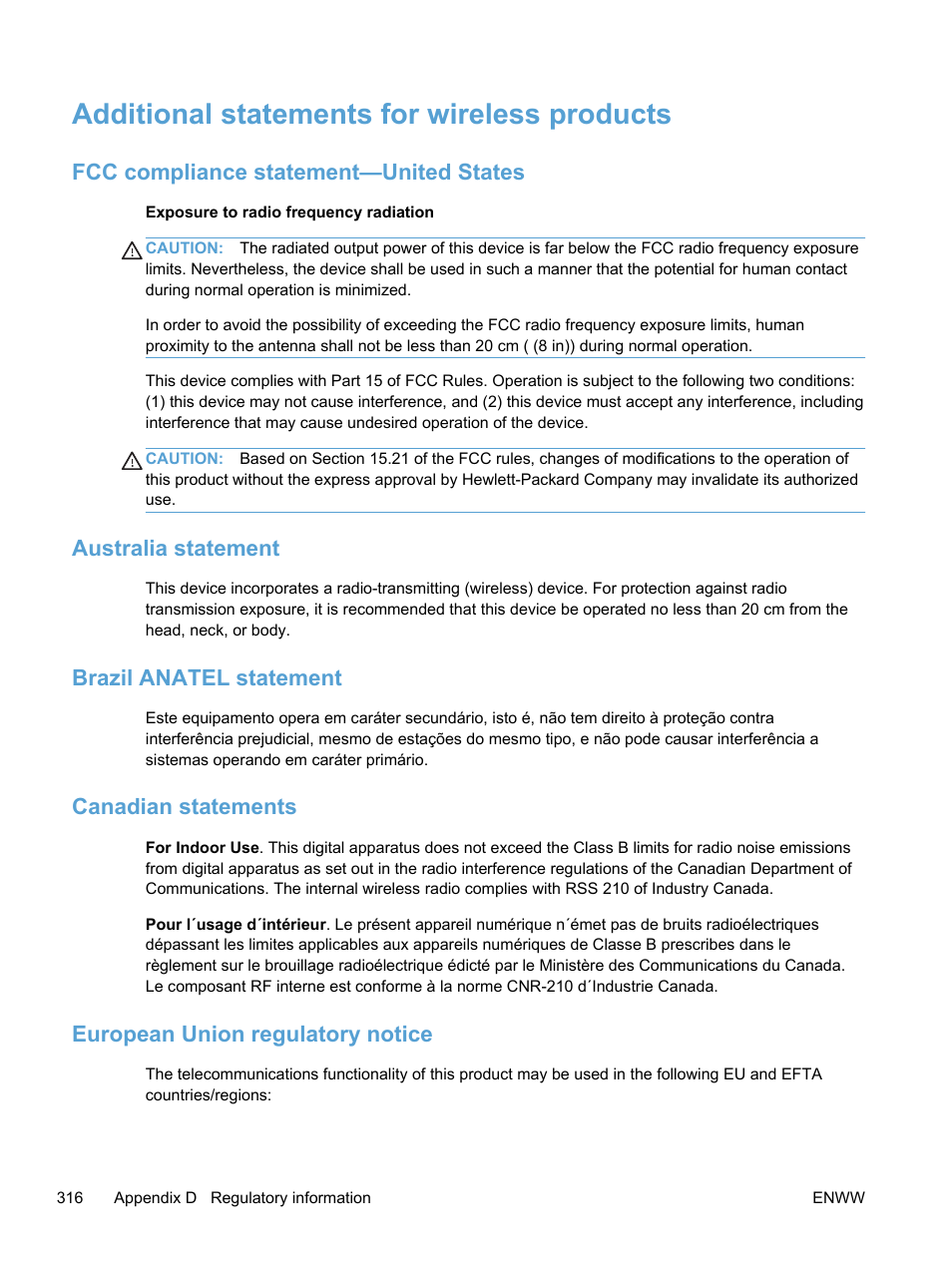 Additional statements for wireless products, Fcc compliance statement—united states, Australia statement | Brazil anatel statement, Canadian statements, European union regulatory notice | HP LaserJet Pro 300 Color MFP M375 User Manual | Page 332 / 344