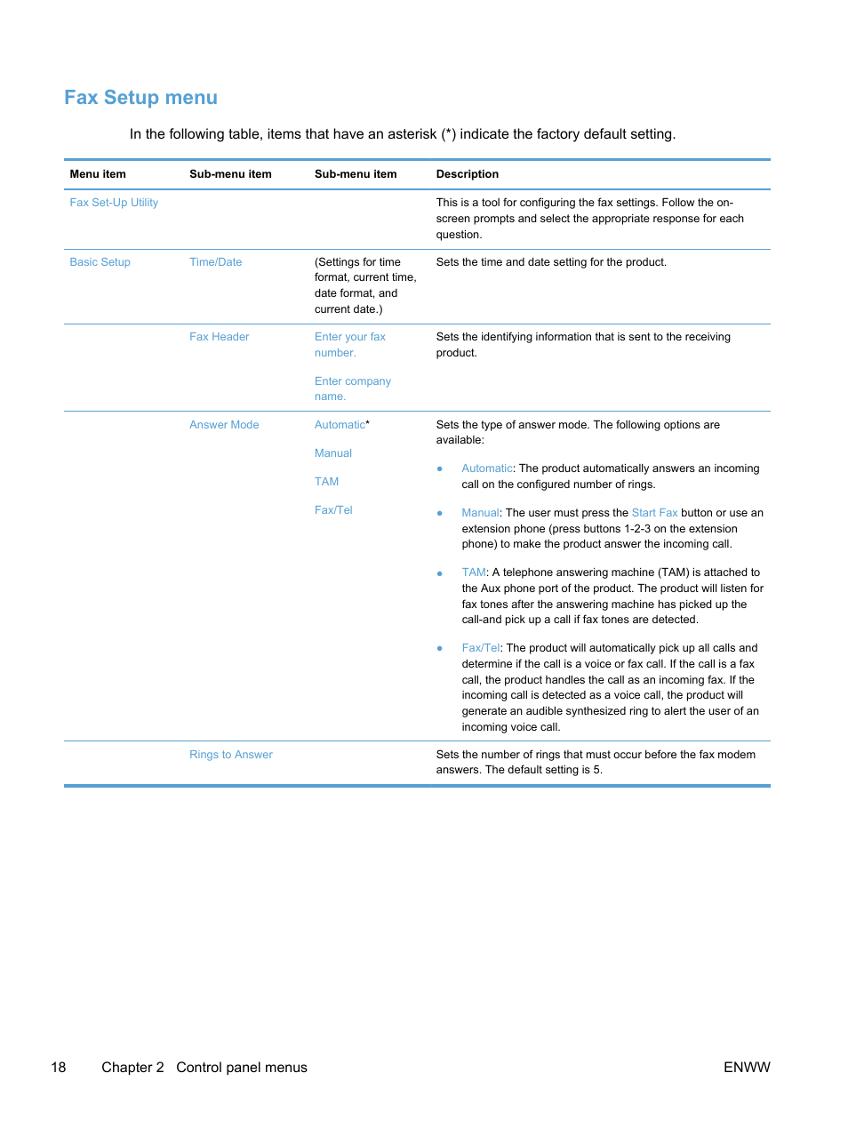 Fax setup menu, 18 chapter 2 control panel menus enww | HP LaserJet Pro 300 Color MFP M375 User Manual | Page 34 / 344