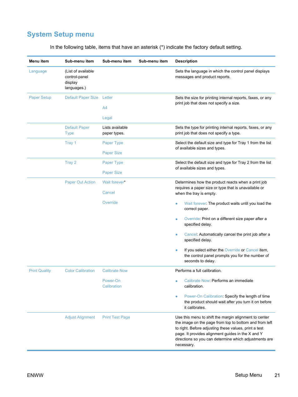 System setup menu, Enww setup menu 21 | HP LaserJet Pro 300 Color MFP M375 User Manual | Page 37 / 344