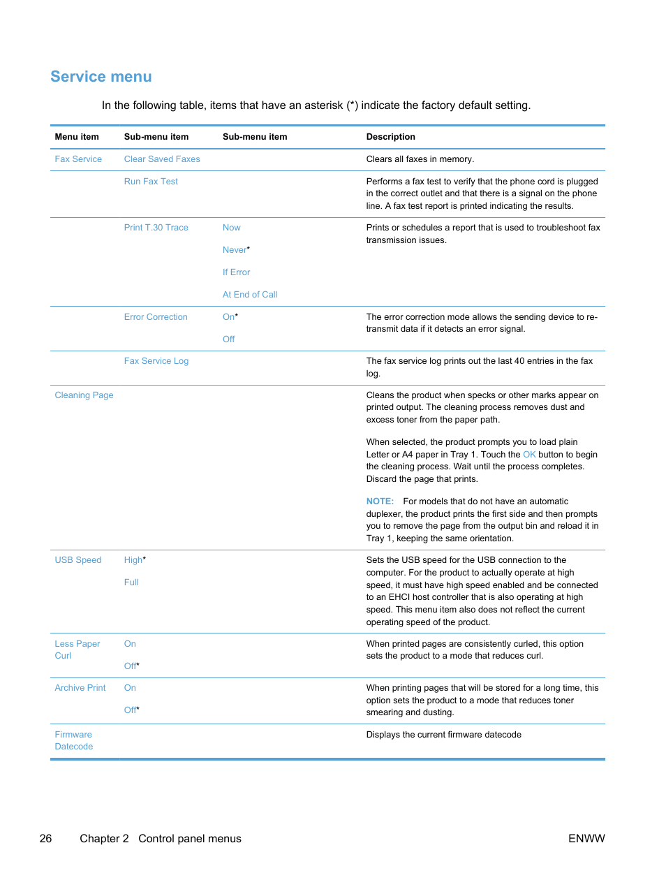 Service menu, 26 chapter 2 control panel menus enww | HP LaserJet Pro 300 Color MFP M375 User Manual | Page 42 / 344