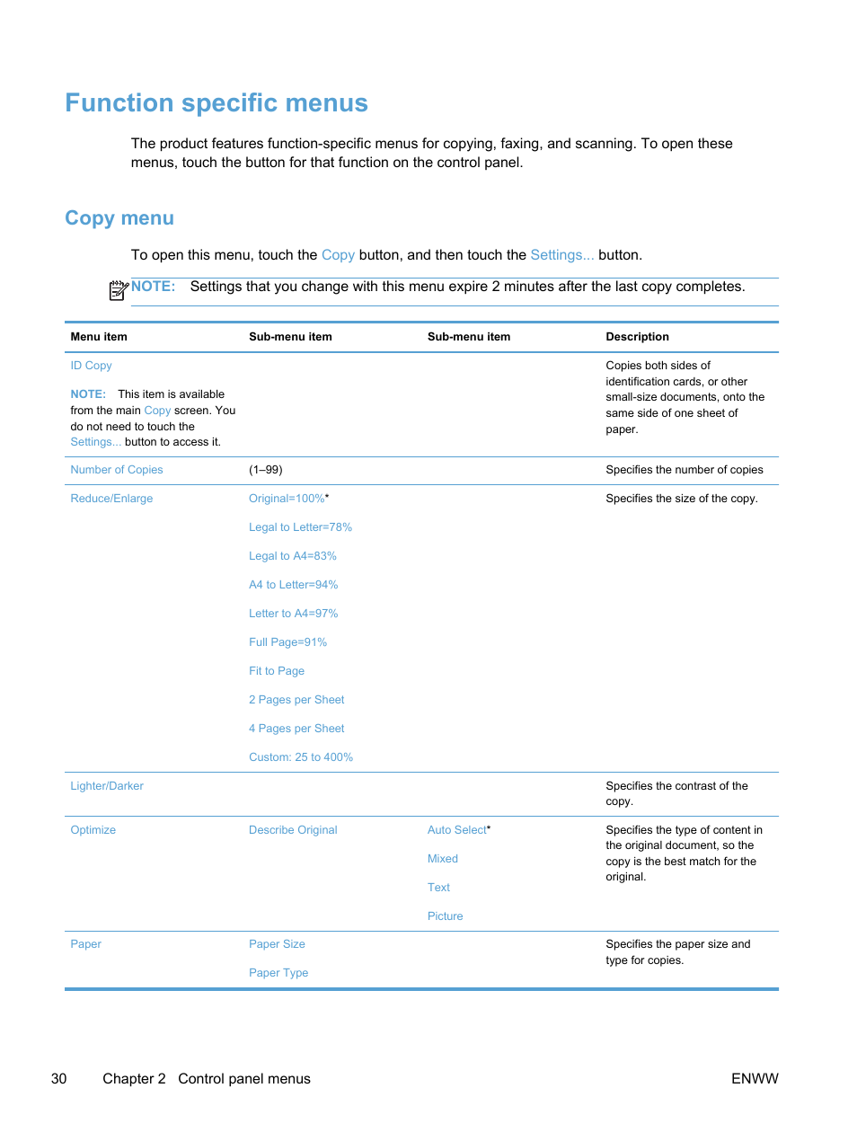 Function specific menus, Copy menu | HP LaserJet Pro 300 Color MFP M375 User Manual | Page 46 / 344