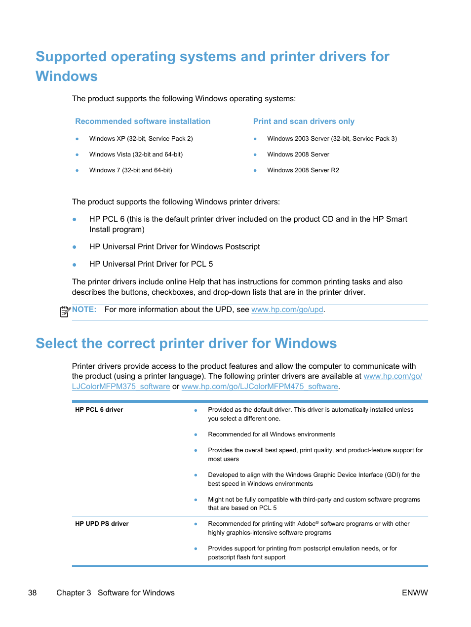 Select the correct printer driver for windows | HP LaserJet Pro 300 Color MFP M375 User Manual | Page 54 / 344