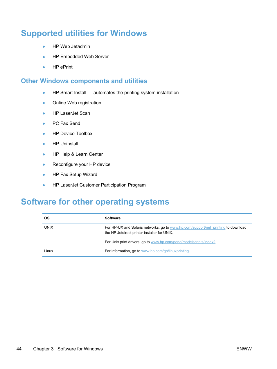 Supported utilities for windows, Other windows components and utilities, Software for other operating systems | HP LaserJet Pro 300 Color MFP M375 User Manual | Page 60 / 344