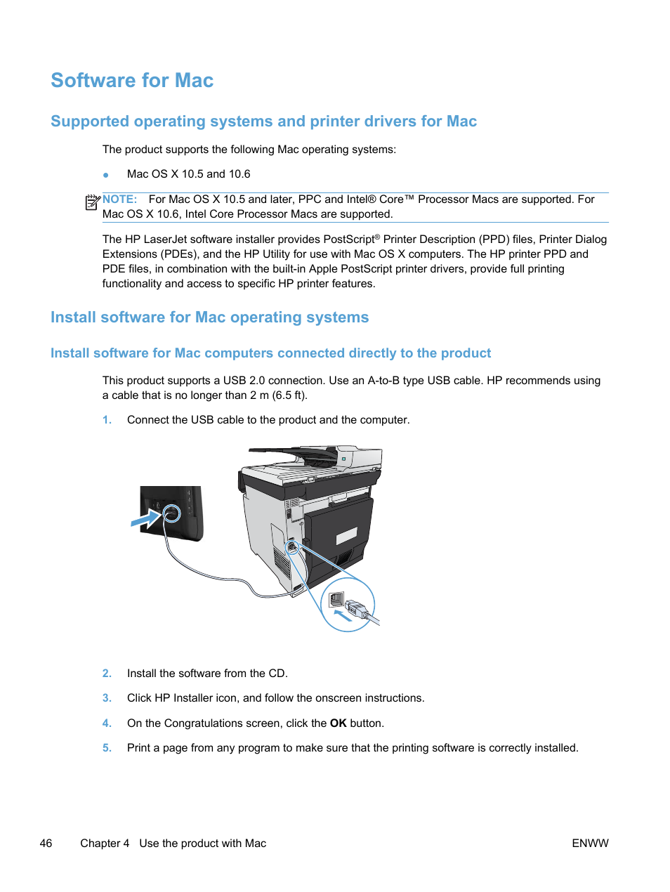 Software for mac, Install software for mac operating systems | HP LaserJet Pro 300 Color MFP M375 User Manual | Page 62 / 344