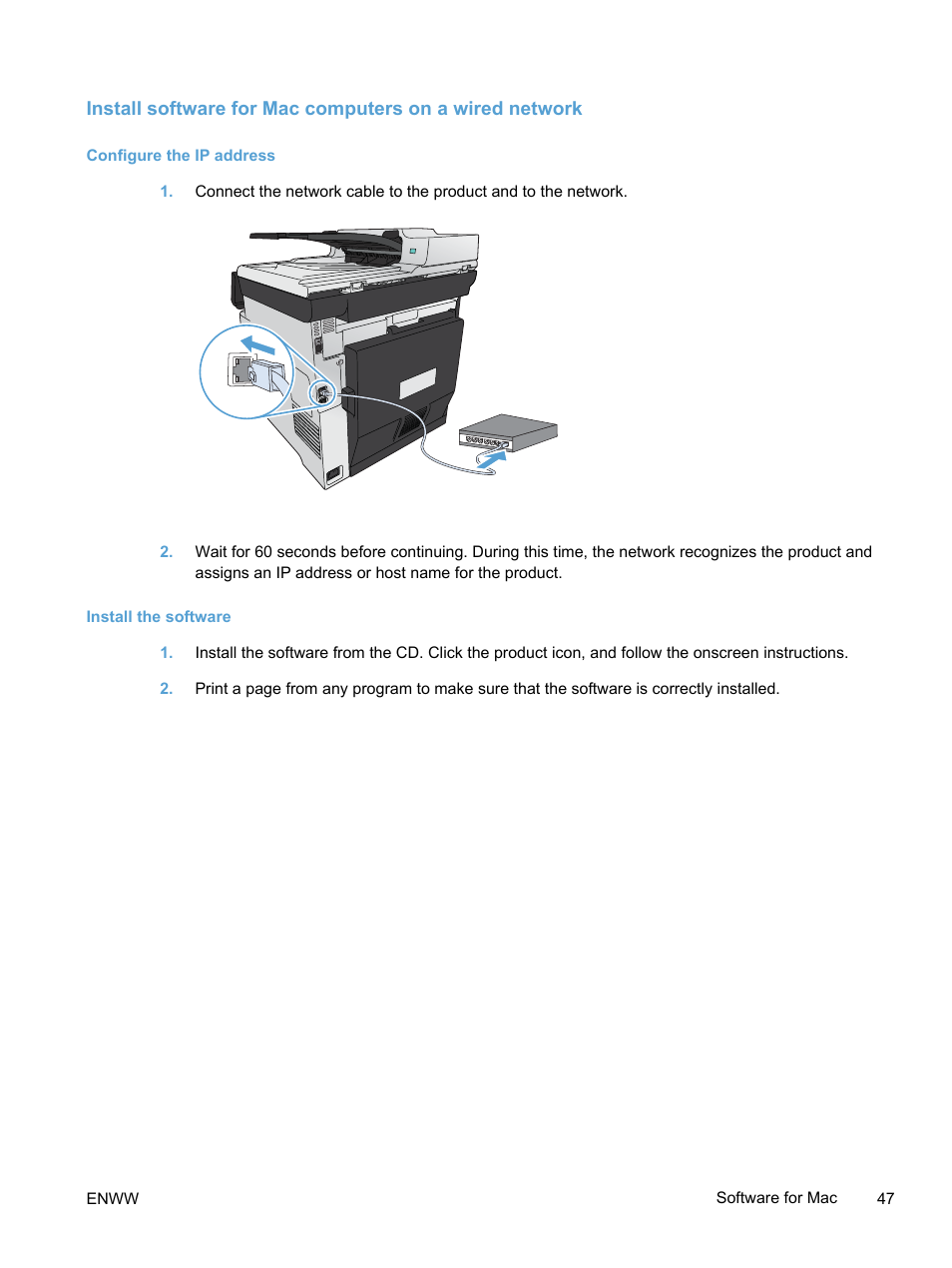 Configure the ip address, Install the software | HP LaserJet Pro 300 Color MFP M375 User Manual | Page 63 / 344