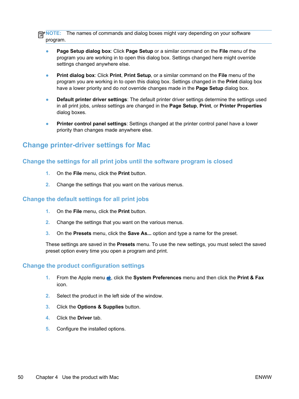 Change printer-driver settings for mac, Change the default settings for all print jobs, Change the product configuration settings | HP LaserJet Pro 300 Color MFP M375 User Manual | Page 66 / 344