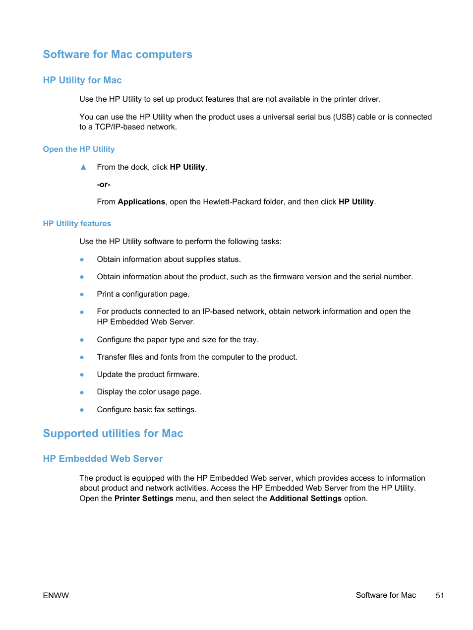 Software for mac computers, Hp utility for mac, Open the hp utility | Hp utility features, Supported utilities for mac, Hp embedded web server | HP LaserJet Pro 300 Color MFP M375 User Manual | Page 67 / 344