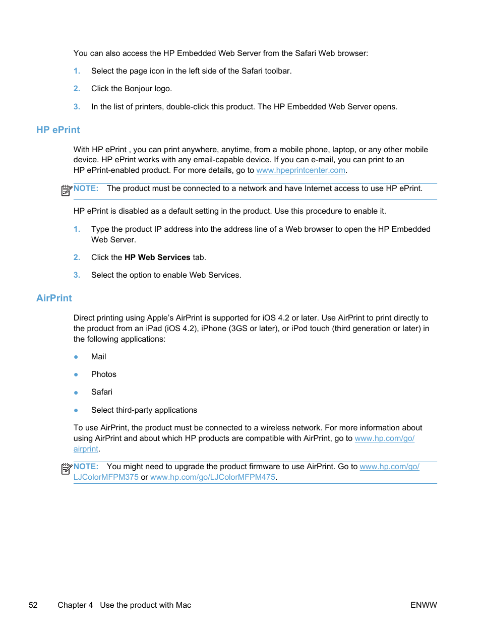 Hp eprint, Airprint | HP LaserJet Pro 300 Color MFP M375 User Manual | Page 68 / 344