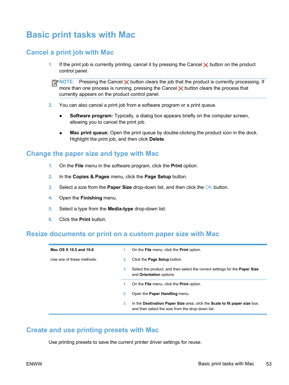 Basic print tasks with mac, Cancel a print job with mac, Change the paper size and type with mac | Create and use printing presets with mac | HP LaserJet Pro 300 Color MFP M375 User Manual | Page 69 / 344