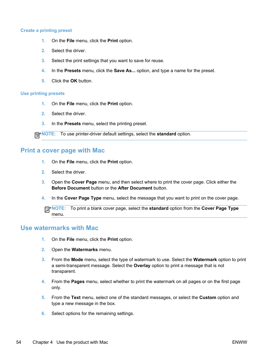 Use watermarks with mac, Print a cover page with mac | HP LaserJet Pro 300 Color MFP M375 User Manual | Page 70 / 344