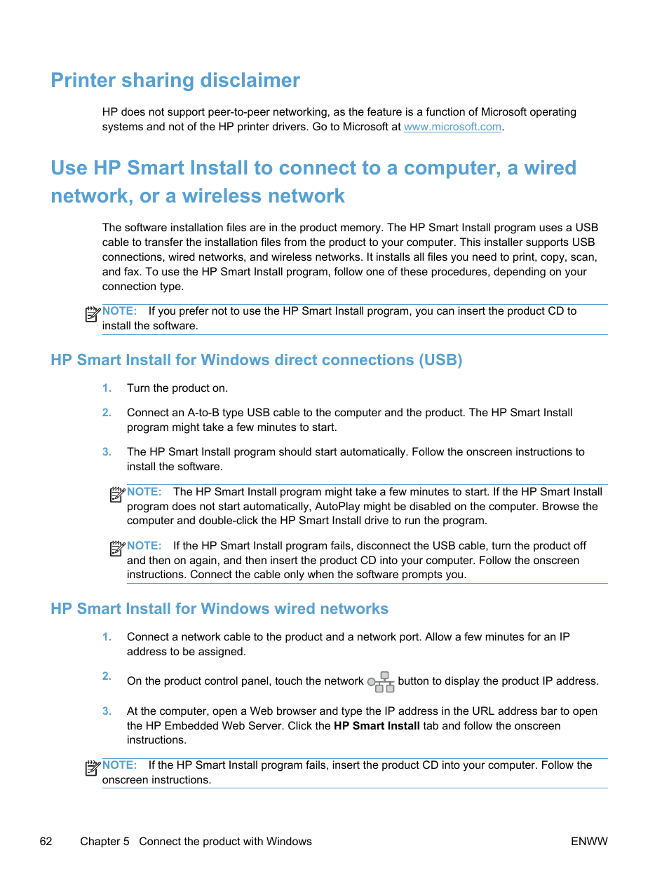 Printer sharing disclaimer, Hp smart install for windows wired networks | HP LaserJet Pro 300 Color MFP M375 User Manual | Page 78 / 344