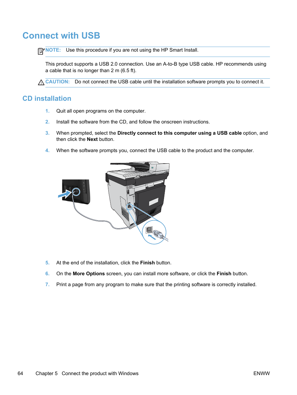 Connect with usb, Cd installation | HP LaserJet Pro 300 Color MFP M375 User Manual | Page 80 / 344