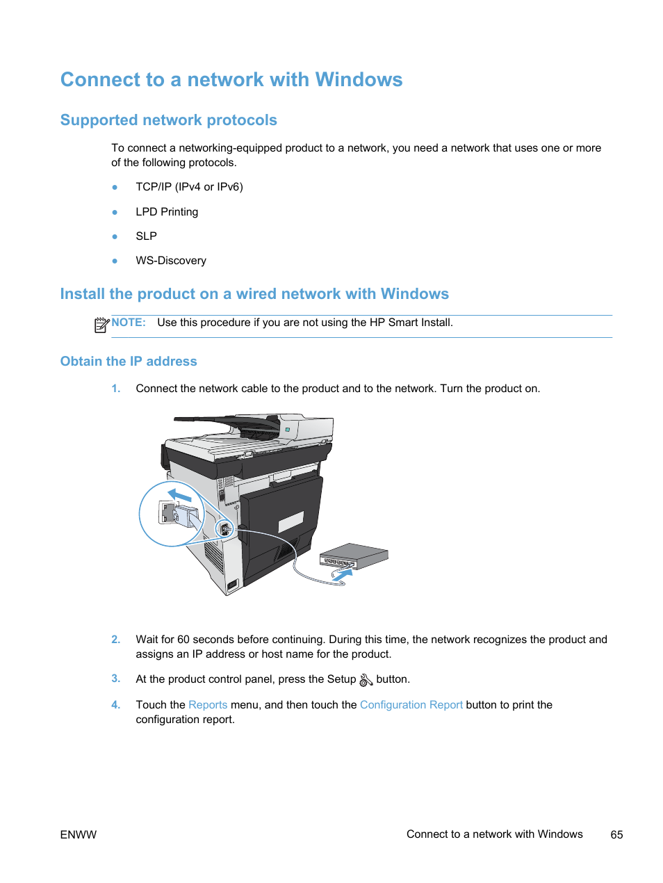 Connect to a network with windows, Supported network protocols, Obtain the ip address | HP LaserJet Pro 300 Color MFP M375 User Manual | Page 81 / 344