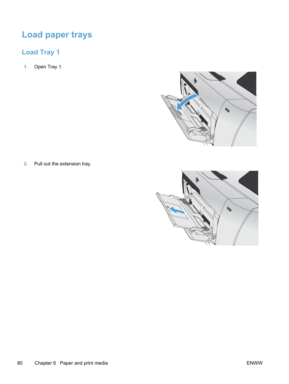 Load paper trays, Load tray 1 | HP LaserJet Pro 300 Color MFP M375 User Manual | Page 96 / 344