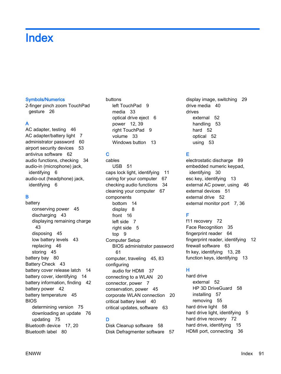 Index | HP 350 G1 Notebook PC User Manual | Page 101 / 104