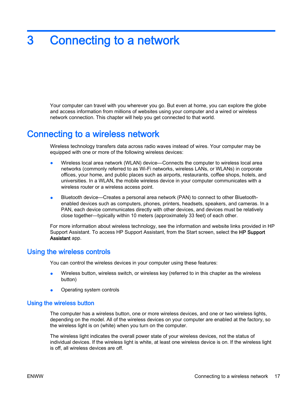 Connecting to a network, Connecting to a wireless network, Using the wireless controls | Using the wireless button, 3 connecting to a network, 3connecting to a network | HP 350 G1 Notebook PC User Manual | Page 27 / 104