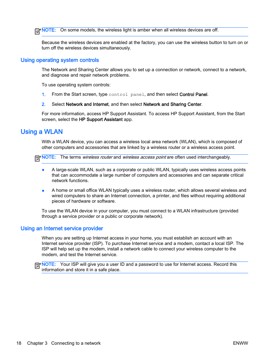 Using operating system controls, Using a wlan, Using an internet service provider | HP 350 G1 Notebook PC User Manual | Page 28 / 104