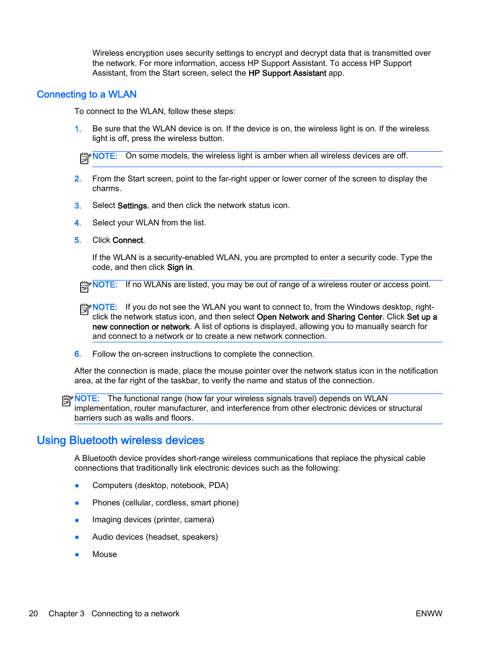 Connecting to a wlan, Using bluetooth wireless devices | HP 350 G1 Notebook PC User Manual | Page 30 / 104