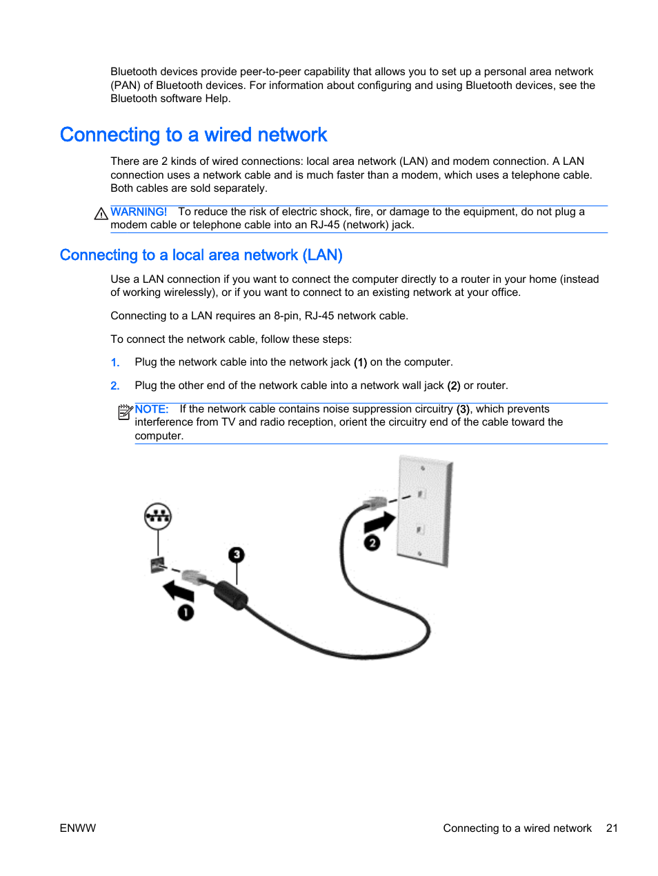 Connecting to a wired network, Connecting to a local area network (lan) | HP 350 G1 Notebook PC User Manual | Page 31 / 104