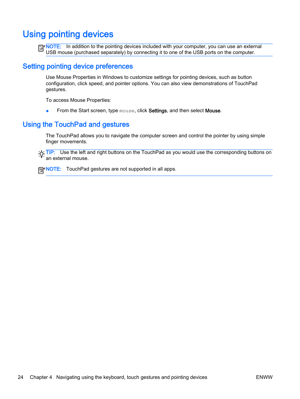 Using pointing devices, Setting pointing device preferences, Using the touchpad and gestures | HP 350 G1 Notebook PC User Manual | Page 34 / 104