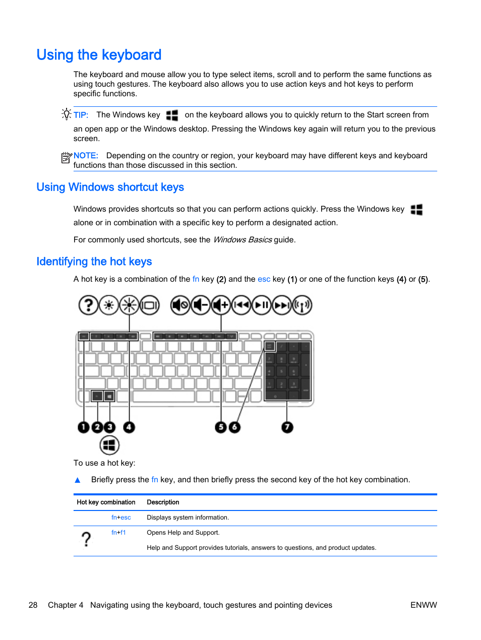 Using the keyboard, Using windows shortcut keys, Identifying the hot keys | HP 350 G1 Notebook PC User Manual | Page 38 / 104